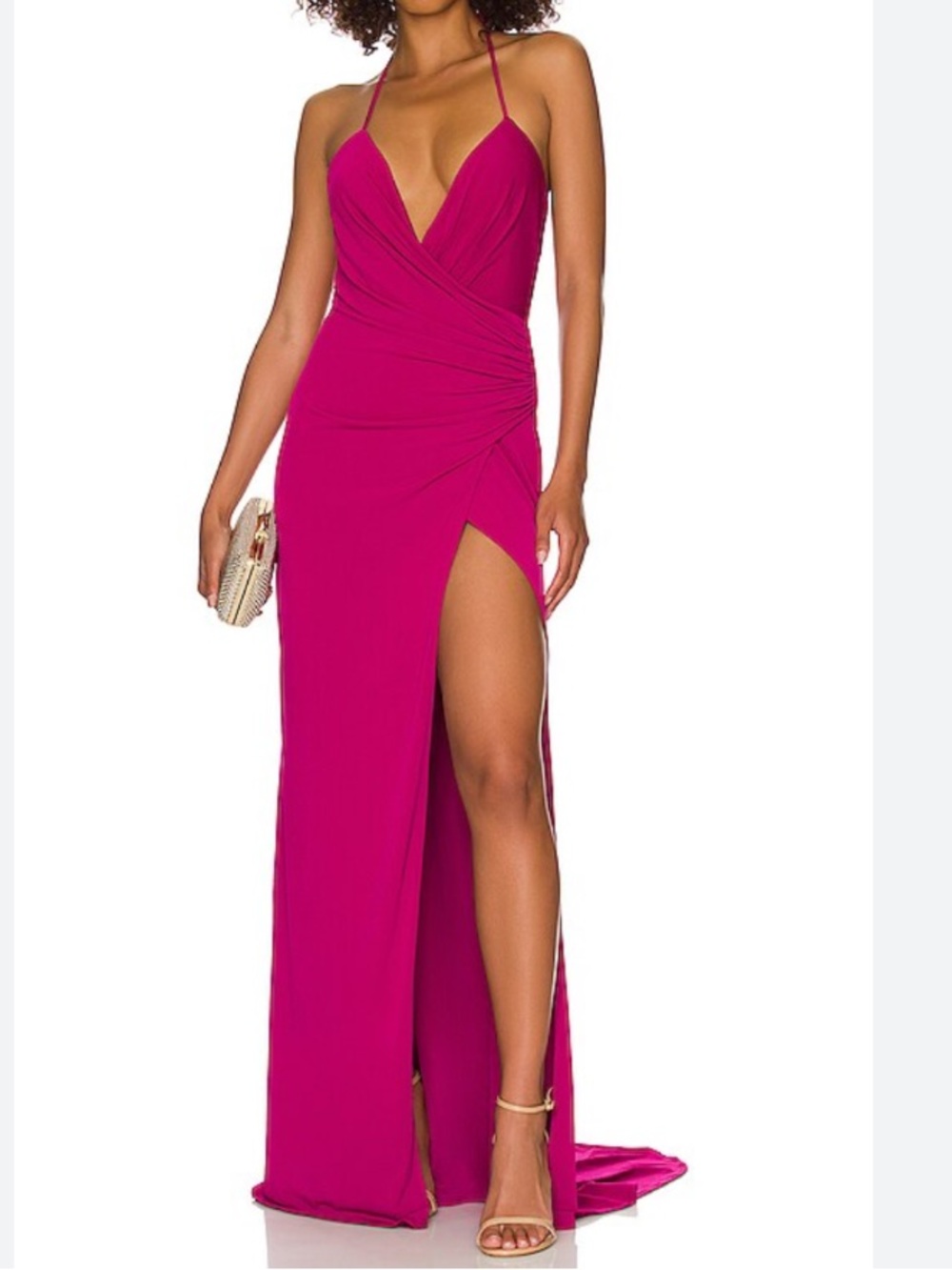 Katie may Jupiter draped halter plunge ruched formal gown side slit sz xs
